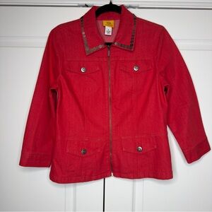 Ruby Rd Red Zip‎ Front Jacket Size 6 Studded Collar Stretch Cotton Blend